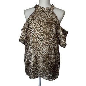 River Island Women’s Size 10 US Leopard Print Satin Open Shoulder Top Y2K Animal
